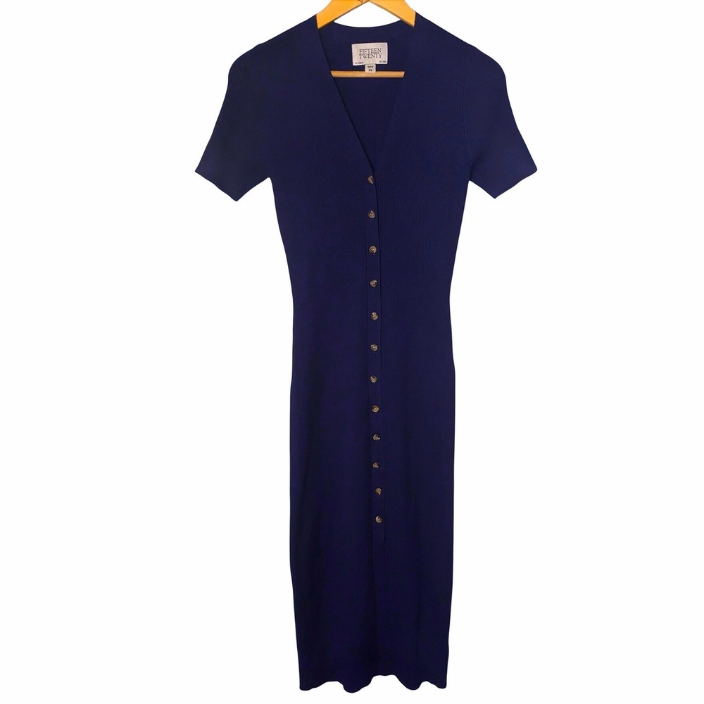 Fifteen Twen Navy Blue Ribbed Knit Button Down V-Neck Midi Sweater Dress XS